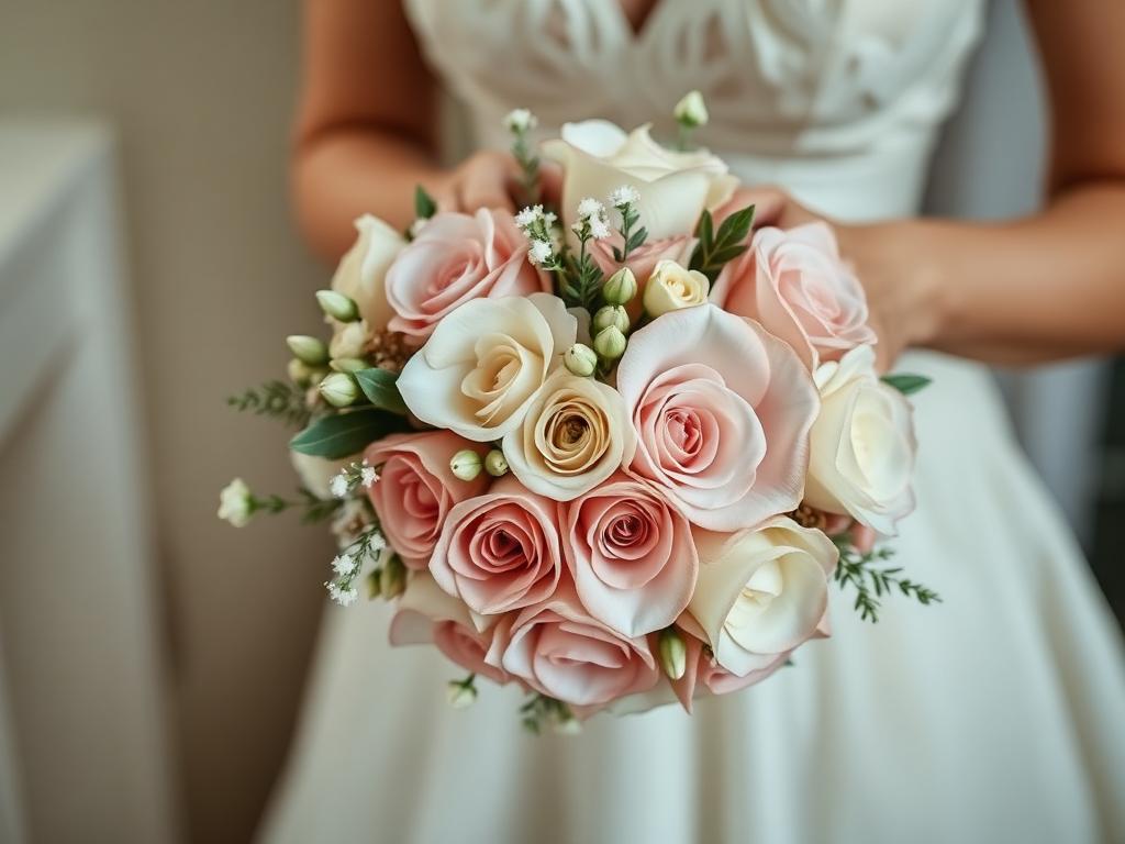 Elegant bridal bouquet with blush and white roses
