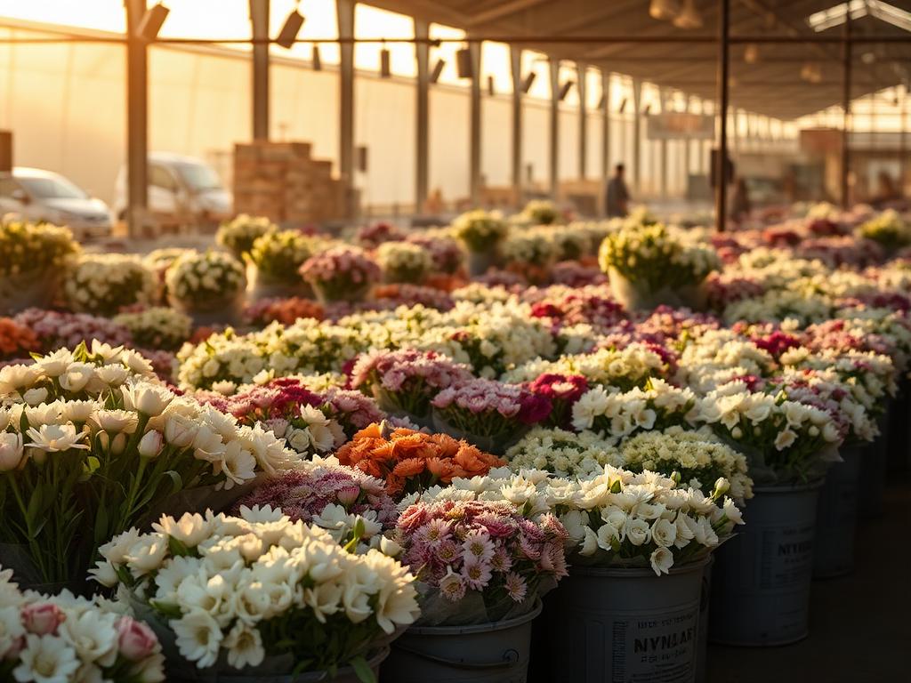 NYC wholesale flower market at dawn with buckets of fresh cut flowers
